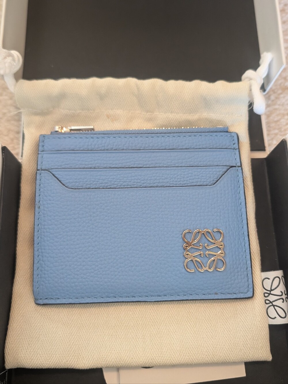 Loewe Sky Blue Pebbled Leather Card Holder with Anagram Hardware